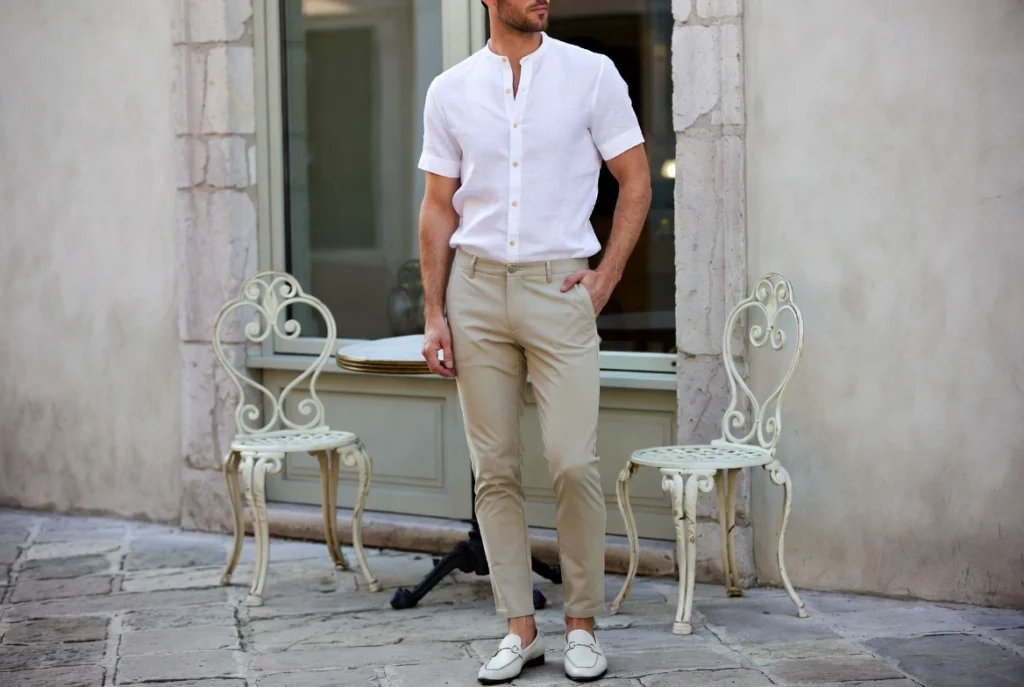 White Button Down Shirt and Beige Trousers Clean Elegance