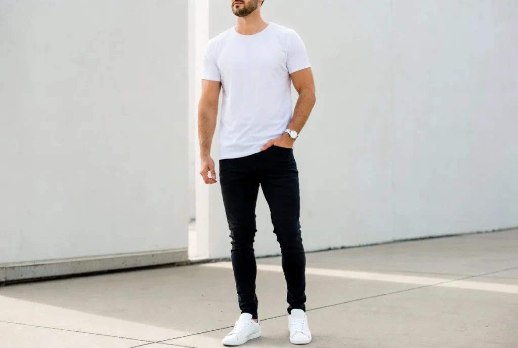 White Crew Neck Tee With Dark Slim Jeans Timeless Simplicity