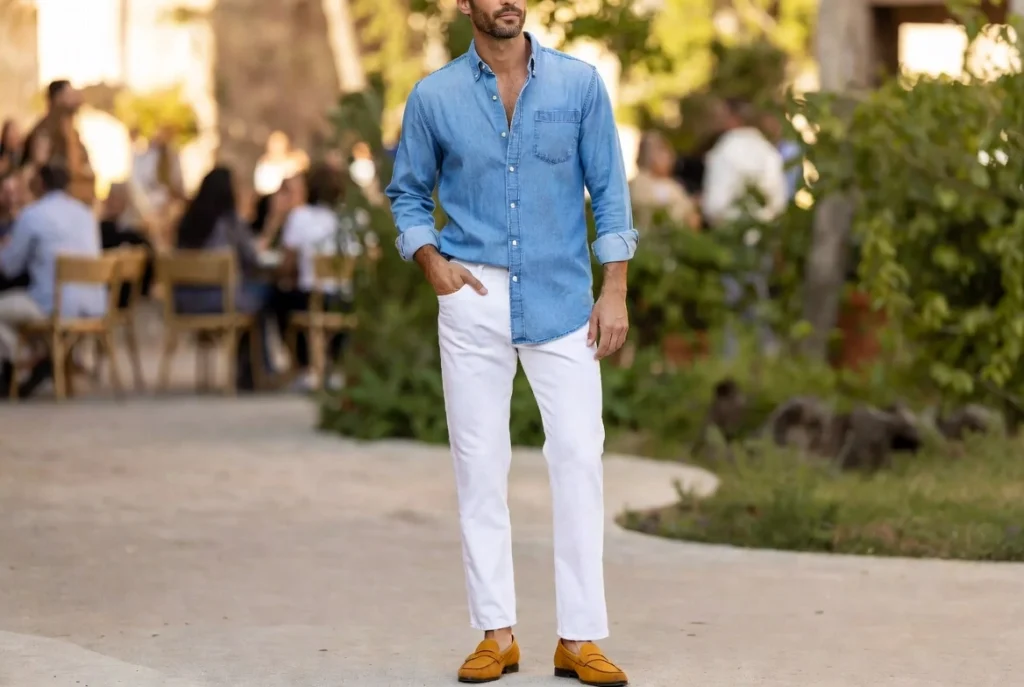 White Jeans and a Chambray Shirt Relaxed Warm-Weather Elegance
