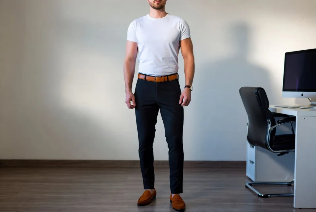 White Tee Tucked Into Tailored Trousers With Loafers Office Casual Precision