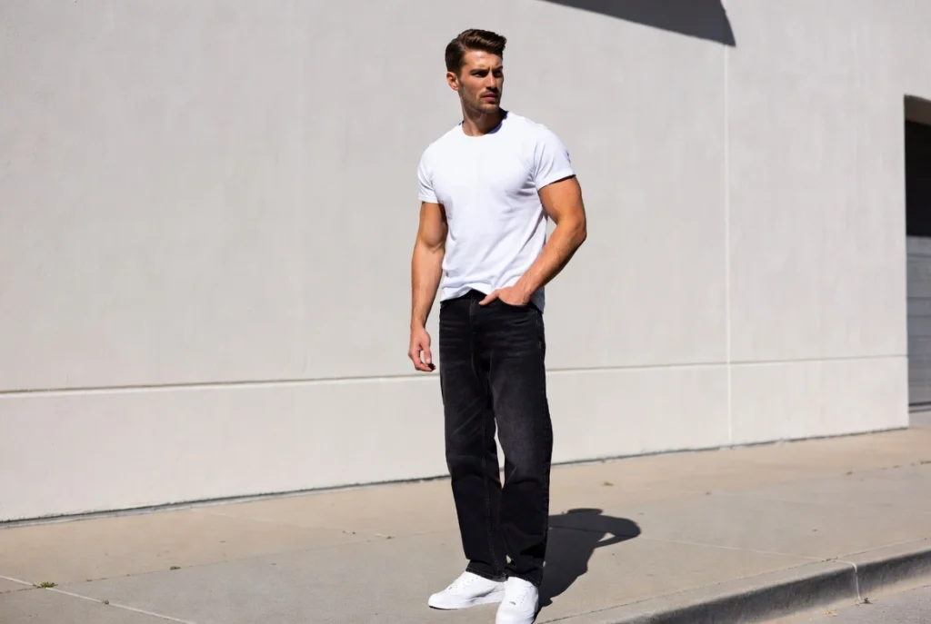 White Tee and Black Baggy Jeans